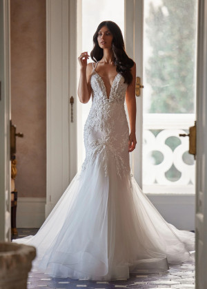 Double Straps Beaded Ivory Lace Tulle Shimmering Wedding Dress